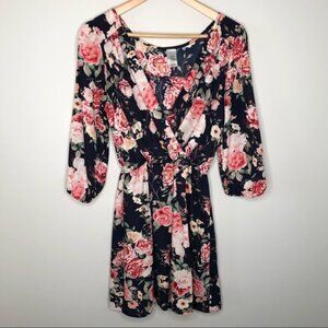 COCO Avante  Navy and Floral Print Long Sleeve Mini Dress Size Medium